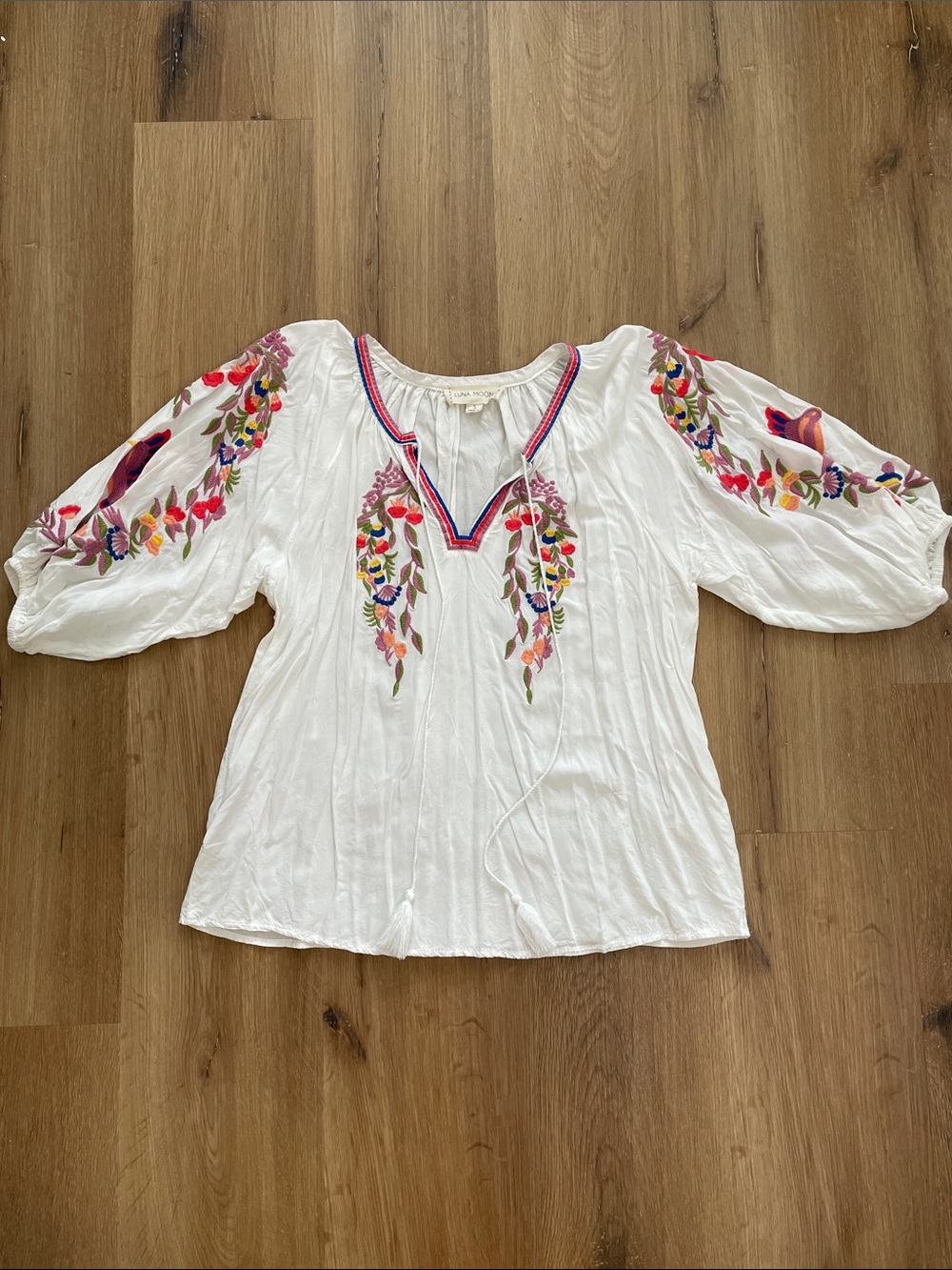 White Embroidered Boho Peasant Blouse with Multicolor Floral Detail